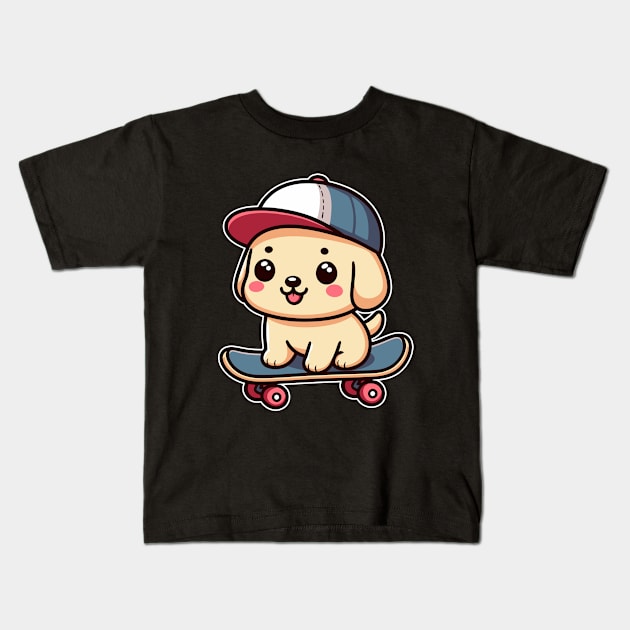 Kawaii Labrador Retriever Puppy On A Skateboard Cute Skater Dog Kids T-Shirt by Cuteness Klub